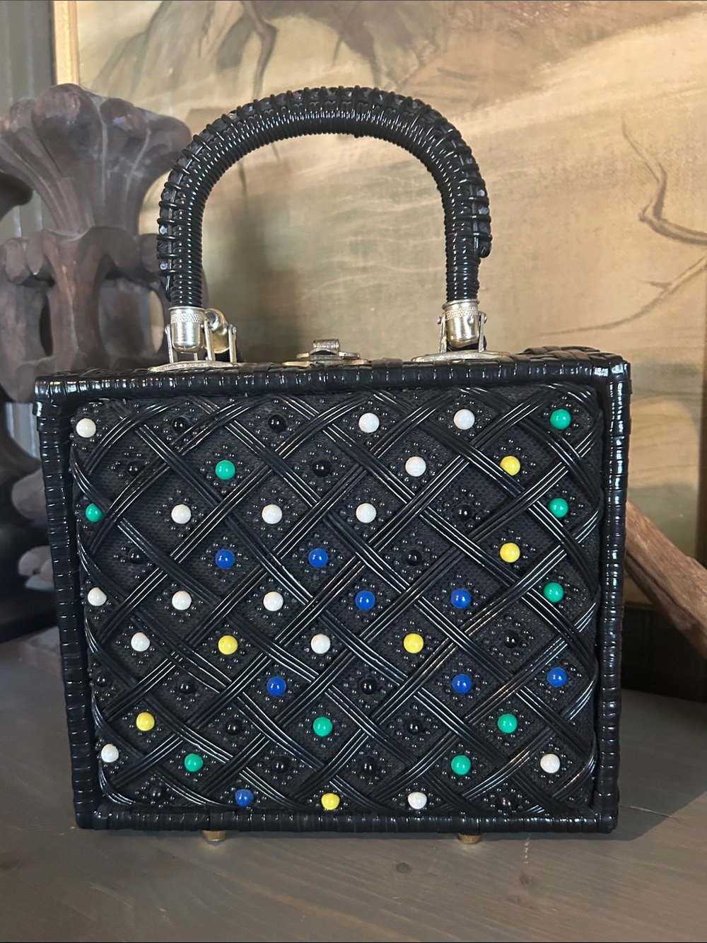 1950’s Mid-Century Vintage Black Woven Beaded Top-Handle Bag